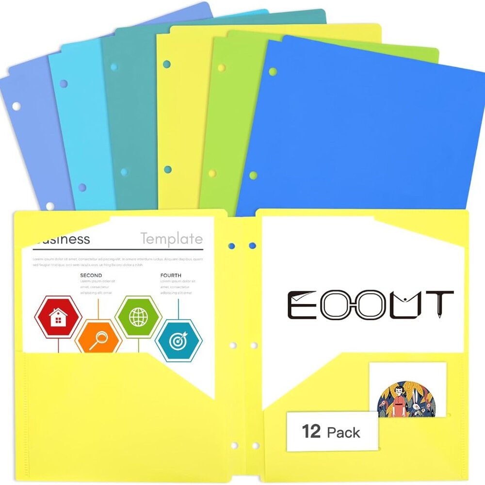 3 Hole Punch Plastic Pocket Folders 12 Count